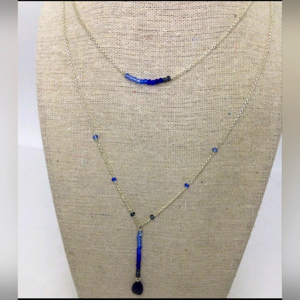 Lucky Brand Shades of Blue Crystal Beads Double Strand Necklace 22" NWOT